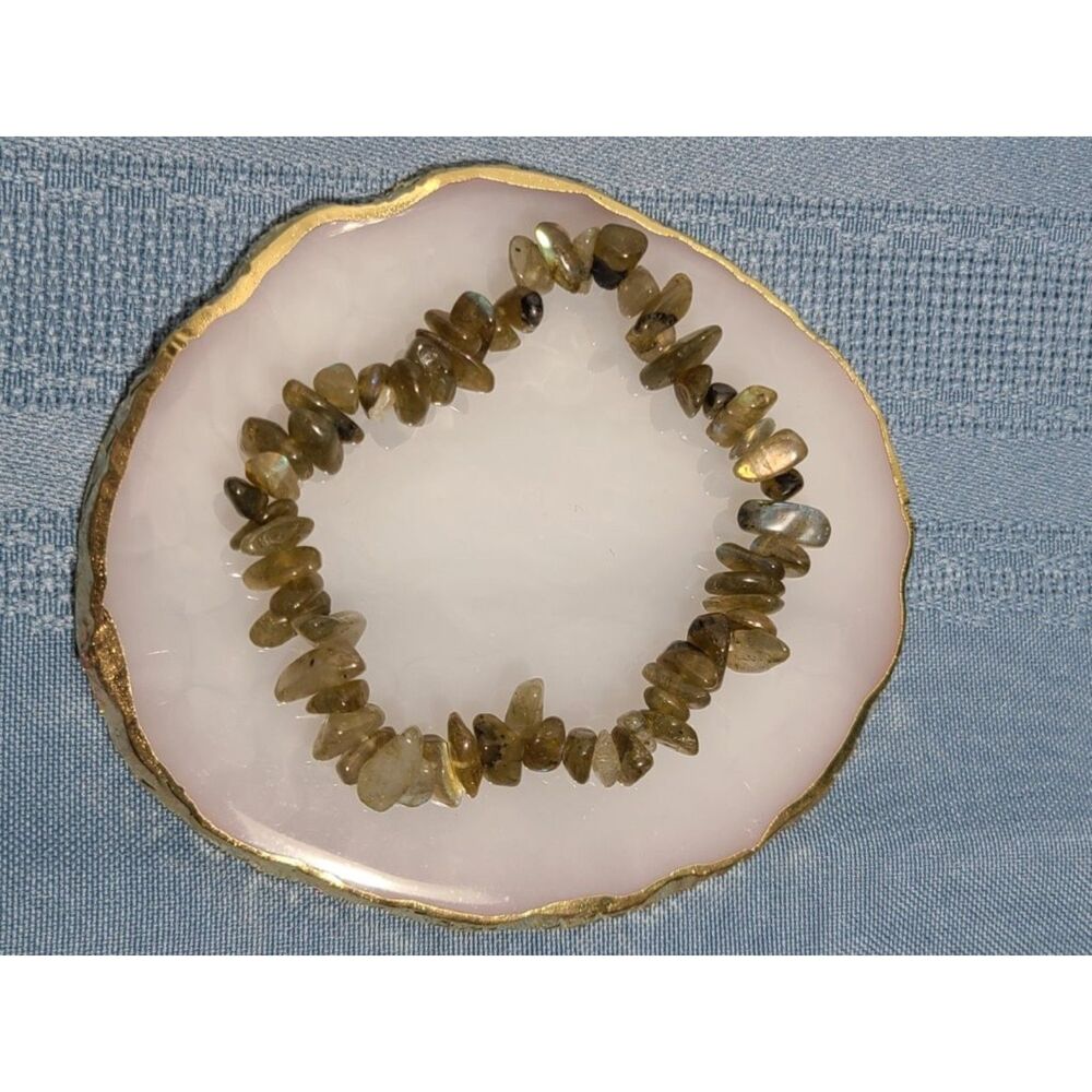 Natural Labradorite Gemstone Chip Bead Stretch Bracelet Blue Flash Crystals Boho